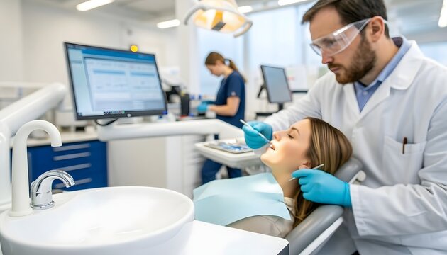 professional dentist examining patient's teeth in modern clinic with digital x-ray