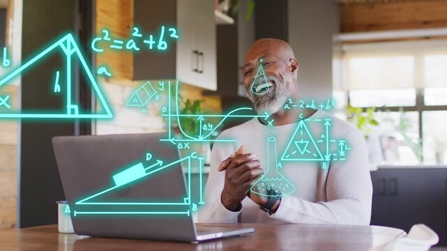 Man watching laptop while laptop projecting teal math graphics, laughing and learning for education