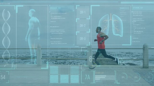 Male runner entering frame, jogging for health along promenade, HUD lung and DNA graphics aligning