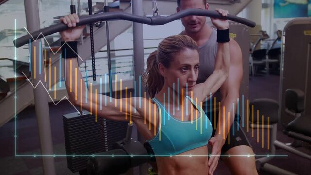 Woman gripping lat bar, doing pulldowns in gym, trainer guiding, HUD graphs tracking reps for form