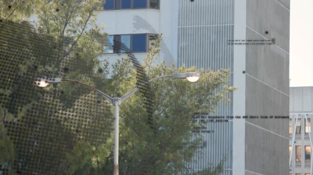 Halftone overlay shifting across tree and building, revealing lamp and fading text, showing design