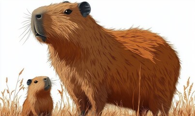 Fototapeta premium protective adult capybara with curious juvenile standing in dry grass, calm and attentive expression