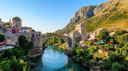 Iconic Old Bridge Spanning a Turquoise River in a Historic European Town.