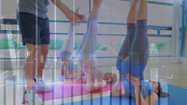 Women lifting hips, coach stepping, adjusting knees, aligning pose on mats with fitness overlay