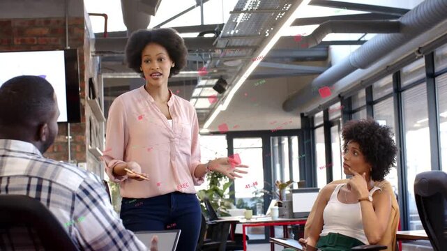 Standing host entering and sharing business idea, urging seated peer with tablet and reviewing plan