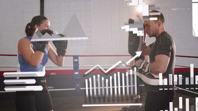 Woman boxer stepping, throwing jabs as coach guiding pads, data bars tracking boxing training