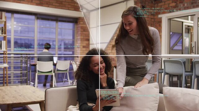 Standing woman reaching, handing notebook to seated woman in office, UI overlaying tablet for work