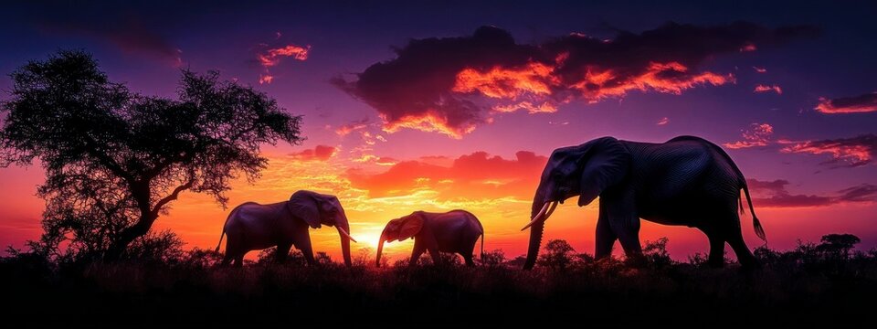 Three elephants walking across a grassy savanna at a dramatic colorful sunset with a lone tree, silhouetted against vibrant orange and purple sky, evoking peaceful majesty