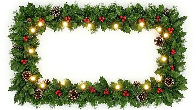 Festive evergreen garland with pinecones and red berries adorns a blank space for text