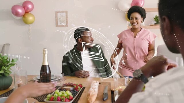 Seated man turning, woman entering and sitting on lap, laptop icon distracting celebrating food