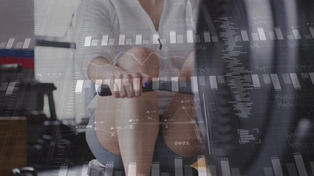 Woman gripping handle and starting rowing as camera zooms out, animated charts tracking fitness