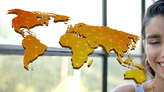 Woman shifting from neutral to smile near window by animated gold map highlighting global growth