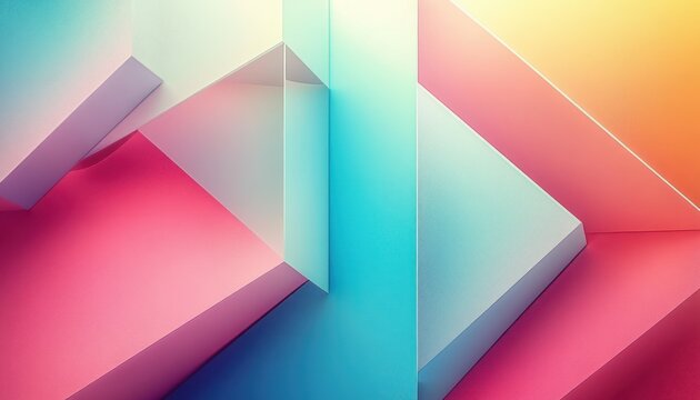 Soft pastel 3D geometric blocks and overlapping rectangular planes with gradients and shadows in teal, pink and orange evoking calm modern playfulness