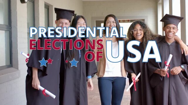 Graduates and mentor posing, elections showing over group, pulsing stars, holding diplomas for grad
