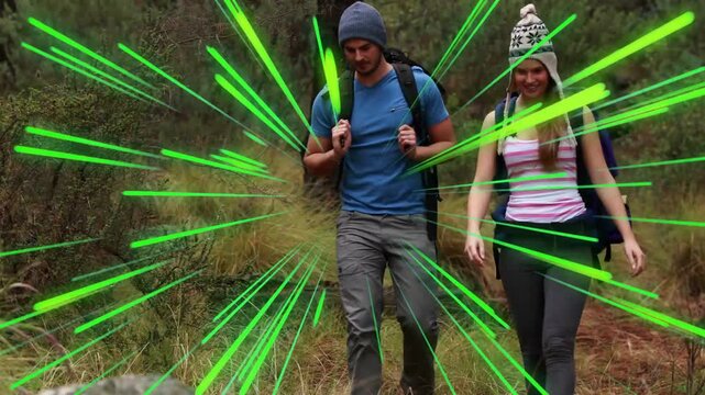 Intensifying green streaks leading 2 hikers walking, adjusting straps, purple pack+mat for hiking