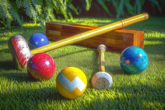 Colorful croquet mallets and balls scattered on a sunlit lawn beside a wooden box, lush ferns and warm summer light evoking a playful relaxed backyard mood