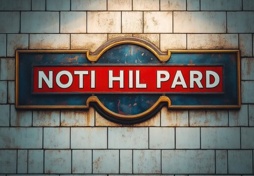 Weathered vintage station sign reading "NOTI HIL PARD" in a gold-frame red and blue plaque mounted on rusty white tiled wall, evoking a nostalgic urban mood