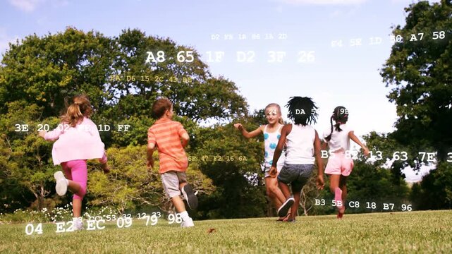 Children running downhill playing chase, chasing ball while white codes overlay players for sports