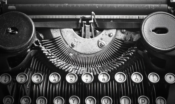 close-up of worn vintage typewriter keys, curved metal typebars, ink spools and platen conveying a nostalgic, tactile, mechanical mood