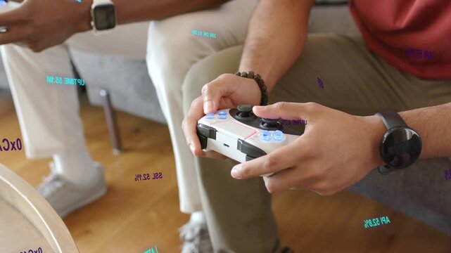 Telemetry overlay appearing, right-side hands moving and pressing controller buttons to play game