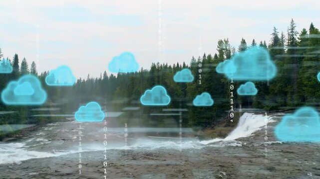 Cloud icons entering from left forming data, linking, growing, fading, showing river, panning left