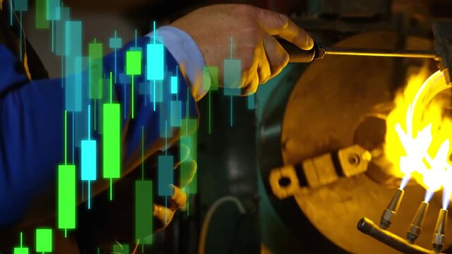 Hands entering frame, worker hands heating and rotating rod for shaping, candlestick charts growing