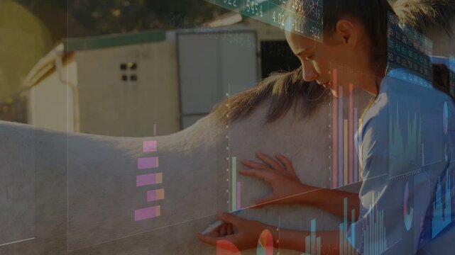 Data overlays shifting, woman leaning, stroking horse, scanning flank with device for equine health