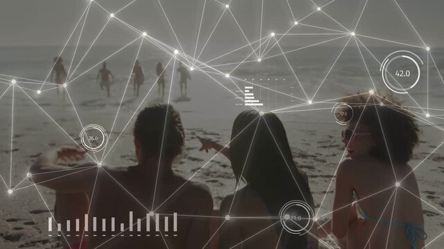 Three adults sitting shore, group walking toward trio causing tech HUD tracking arrival with charts