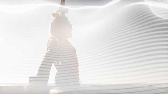 Woman kneeling on ledge, banded waves sparking leaning, arching, rising, showing tech for designers