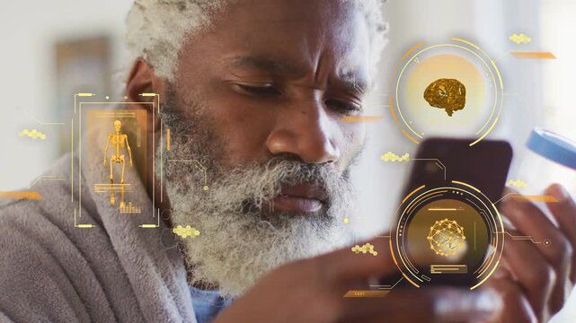 Man checking pill bottle, angling phone causing golden AR skeleton and brain icons for health
