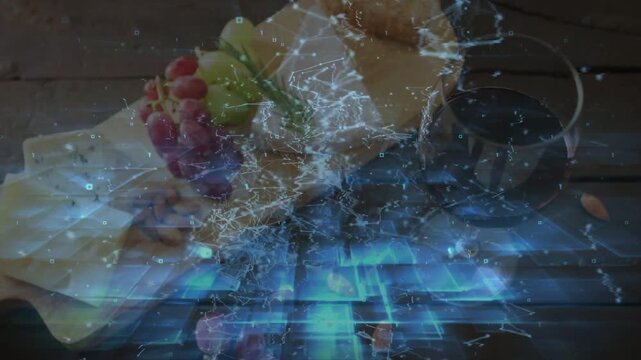 Faint network pulse starting holo overlay growing over cheese board mapping data, casting blue glow