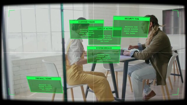 Designers working over prints and swatch, green HUD appearing on breach, overlaying papers