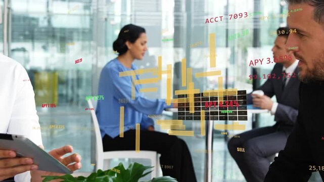Woman in blue gesturing, camera shifting to man tapping tablet graphics showing APY for finance