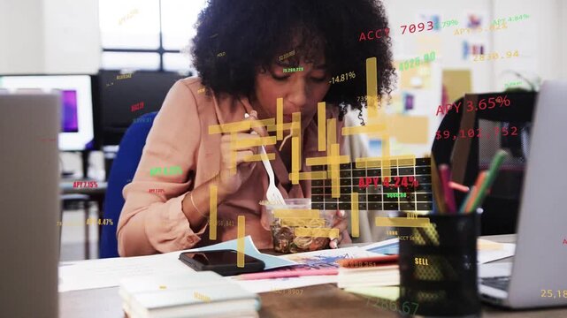 Office woman leaning forward taking bite, eating lunch while animated finance charts over container