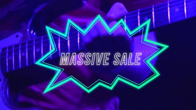 Neon star appearing triggers guitarist fretting chords under blue purple lighting for MASSIVE SALE