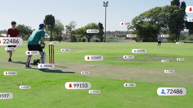 Bowler bowling, batsman blocking, running, keeper sliding to stumps, UI labels tracking sports data