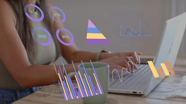 Woman typing on laptop at wood table analytics updating as rings bars triangles wrapping around mug