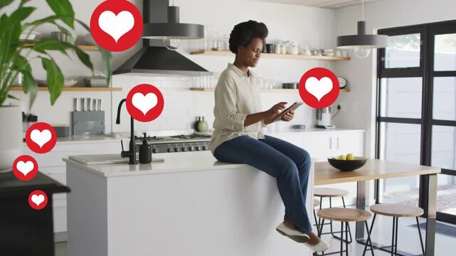 Woman on isle tapping phone, causing hearts popping left and covering scene showing social reaction