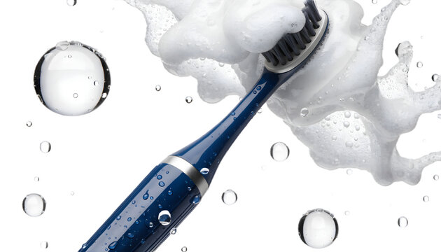 Electric toothbrush toothpaste foam detail, fresh PNG isolated transparent background. Oral care mockup for hygiene, dental ads, grooming products.