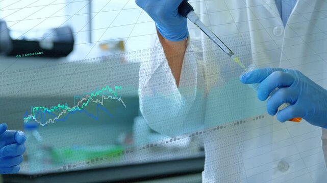 Vial hand-off initiating gloved hands aligning pipette, aspirating, dispensing for sample prep