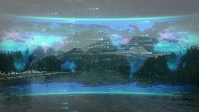 Translucent holographic map receiving data feed, hotspots migrating, arcs pulsing, showing geo data