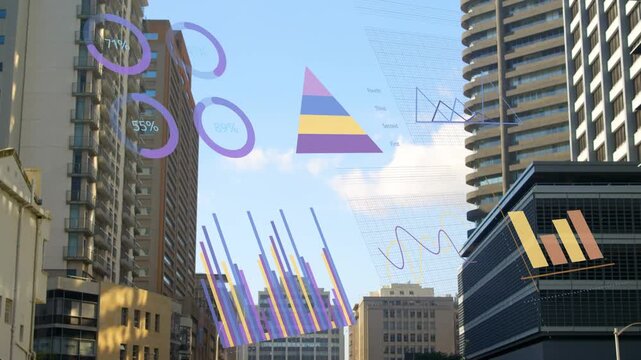 On start translucent charts fading donuts updating bars rising shifting to grids showing urban data