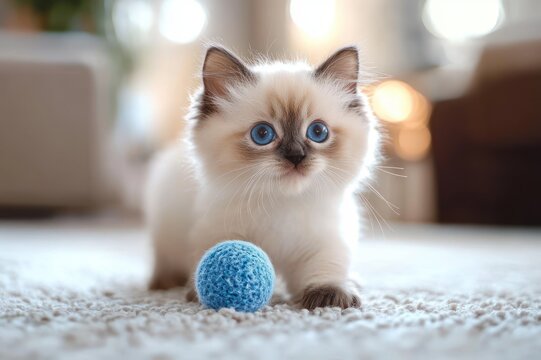 curious fluffy colorpoint kitten with bright blue eyes playing with a small blue yarn ball on a soft carpet in a cozy living room