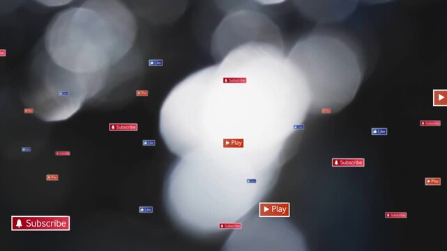 Opening dark bokeh scene, CTA badges appearing, floating, clustering around Play, showing growth