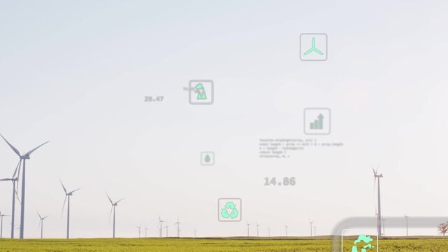 Incoming telemetry stream arriving, teal icons floating and reshaping over turbines showing output