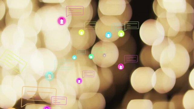 Colored avatar swarm spawning at edges and drifting inward over warm bokeh showing network activity