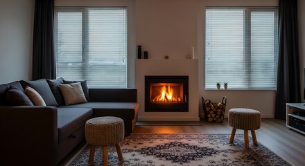 Fototapeta premium Cozy living room with a warm fireplace and modern furnishings