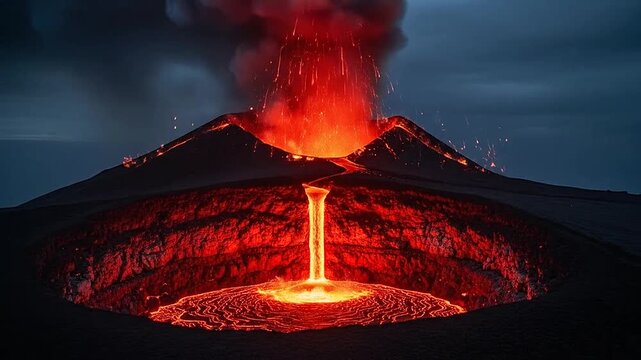 A powerful volcanic eruption spews molten lava and fiery debris into the dark night sky