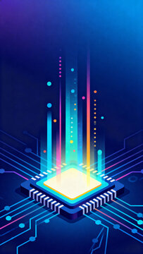 Glowing microprocessor with circuit lines and light beams