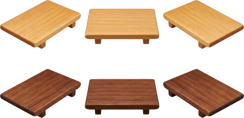 Fototapeta premium Six wooden serving platters with raised feet three light wood and three dark wood displayed from different angles wooden platter food presentation kitchenware tabletop culinary